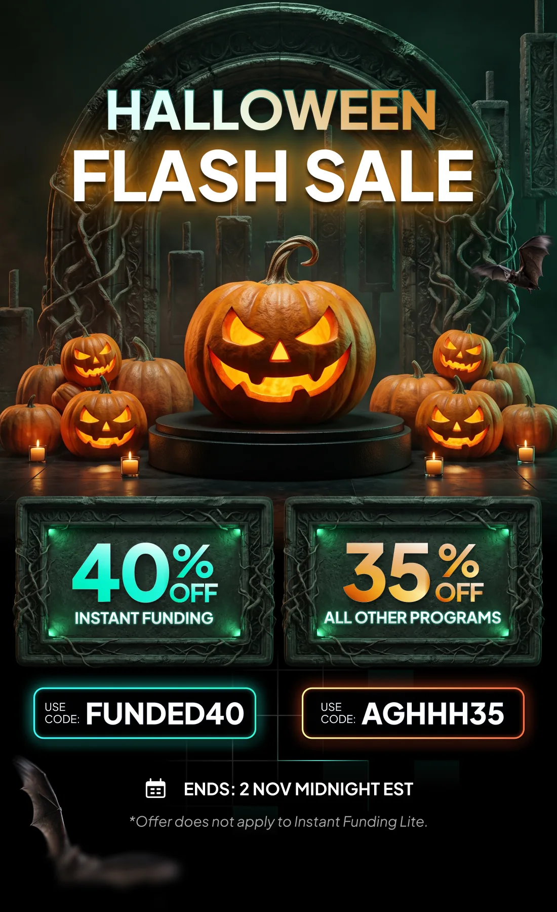 Halloween Flash Sale — 40% off Instant Funding with code FUNDED40, 35% off all other programs with code AGHHH35. Ends 2 Nov midnight EST. Offer does not apply to Instant Funding Lite.