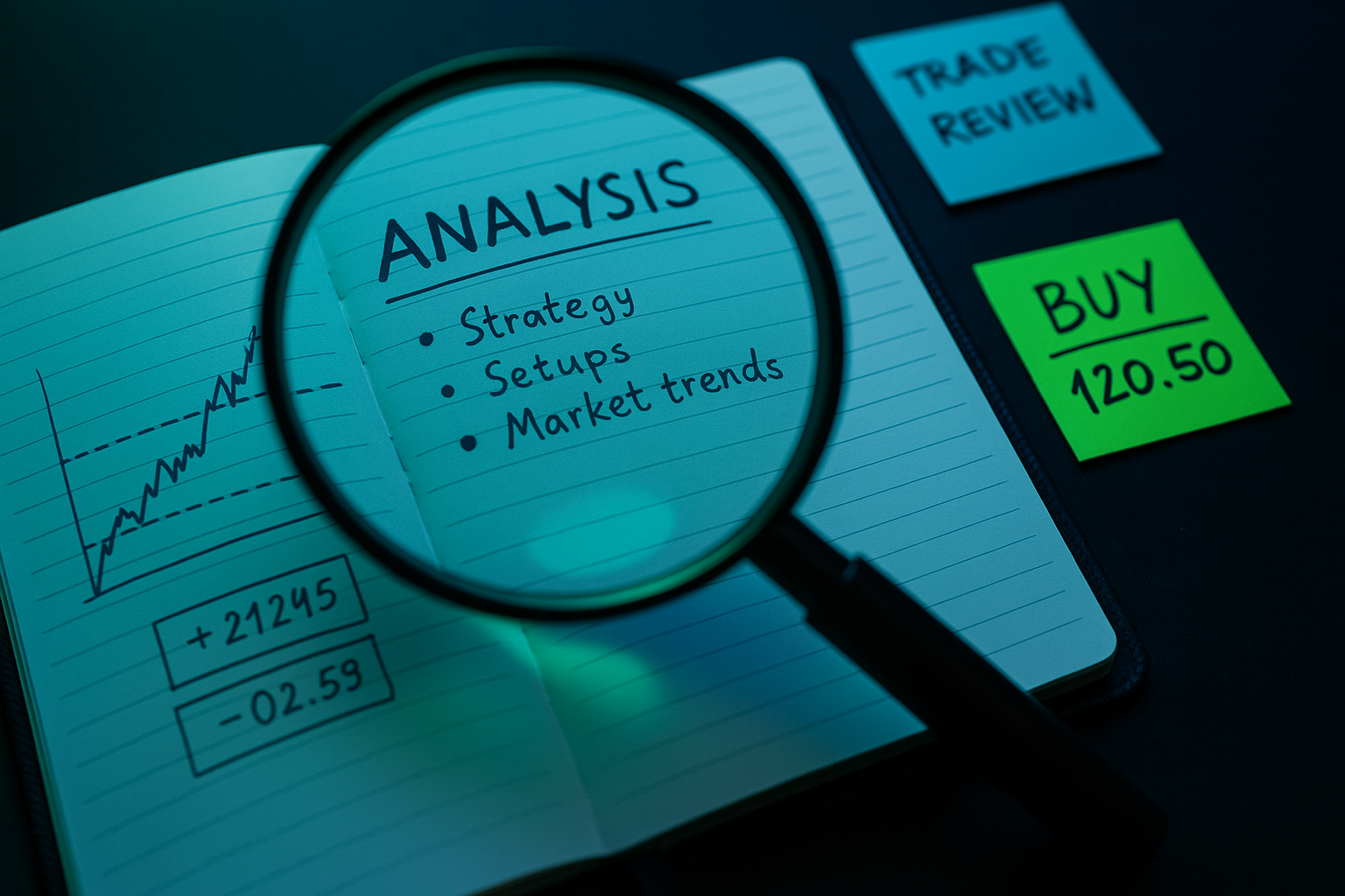 Magnifying glass highlighting trading journal notes on strategy and market trends, emphasizing analysis as a key prop trader quality.