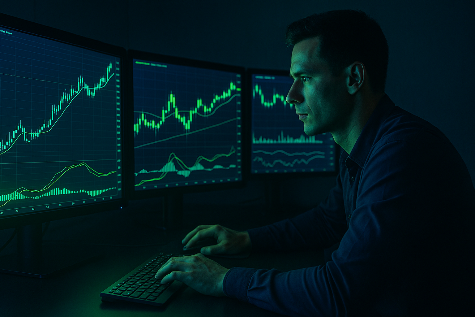 Disciplined prop trader analysing forex charts on multiple monitors, demonstrating focus and consistency—key prop trader qualities.