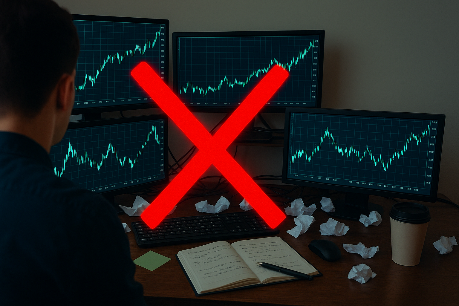Chaotic prop trader workstation with multiple monitors and a red X overlay, representing poor trading discipline and failure to meet prop firm standards.