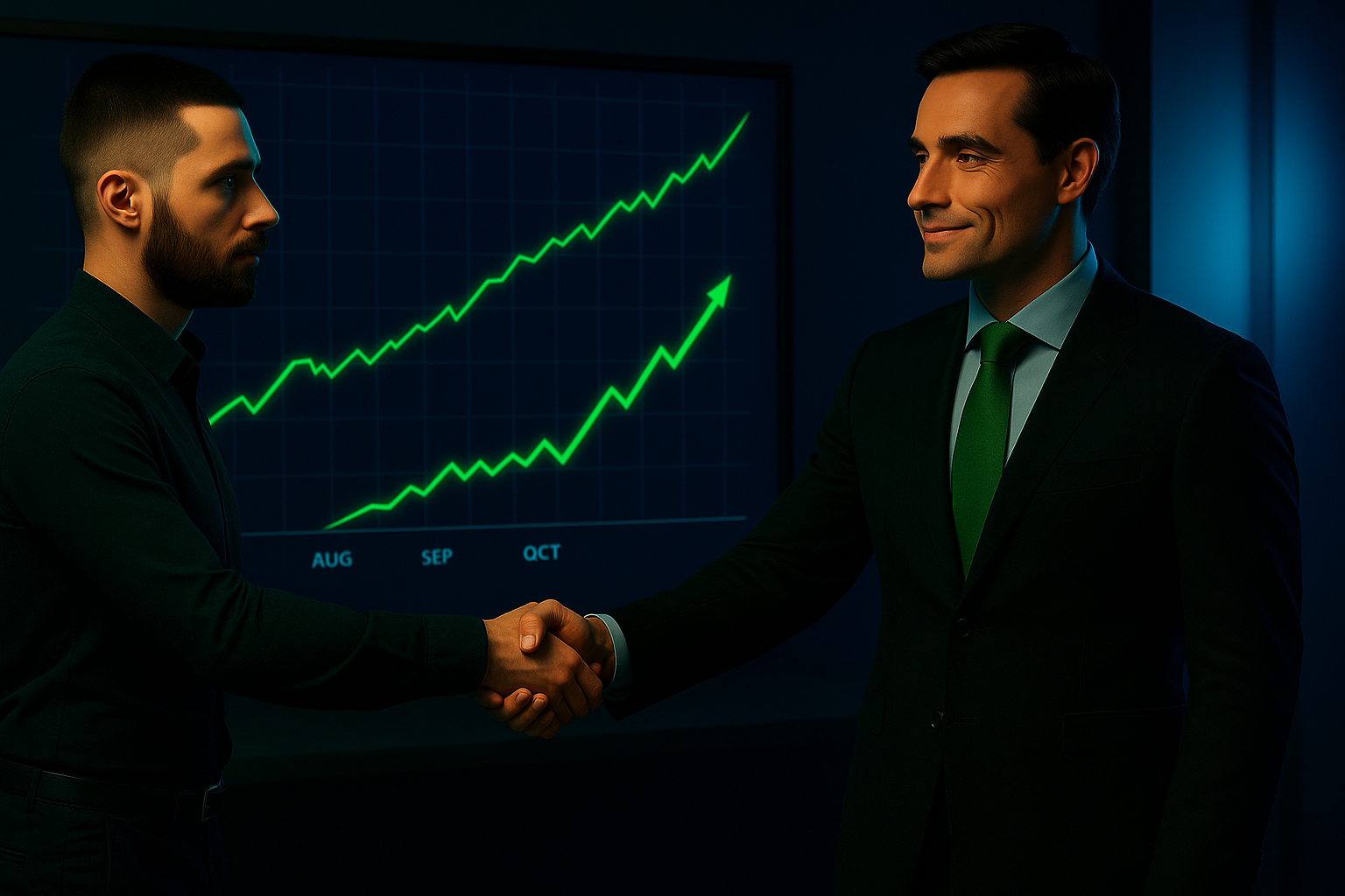 Prop trader shaking hands with a firm representative in front of an equity growth chart, symbolizing trust and successful trading partnership.