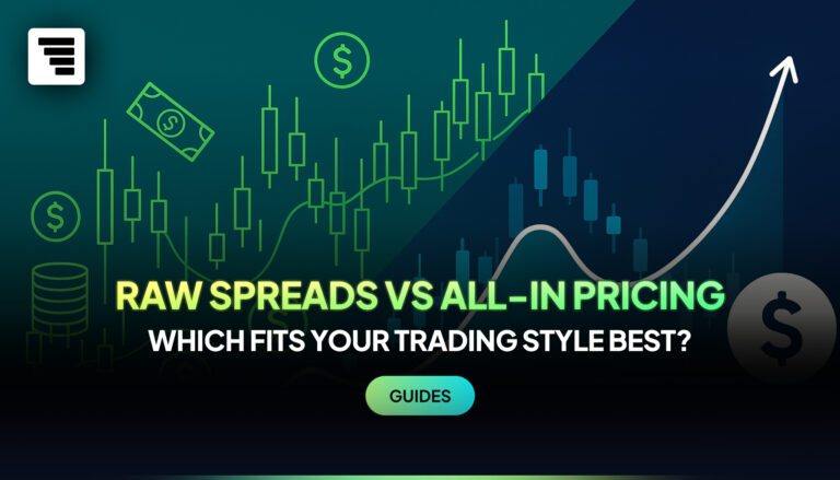 Abstract financial illustration comparing raw spreads and all-in pricing with trading charts and dollar icons in teal and blue tones