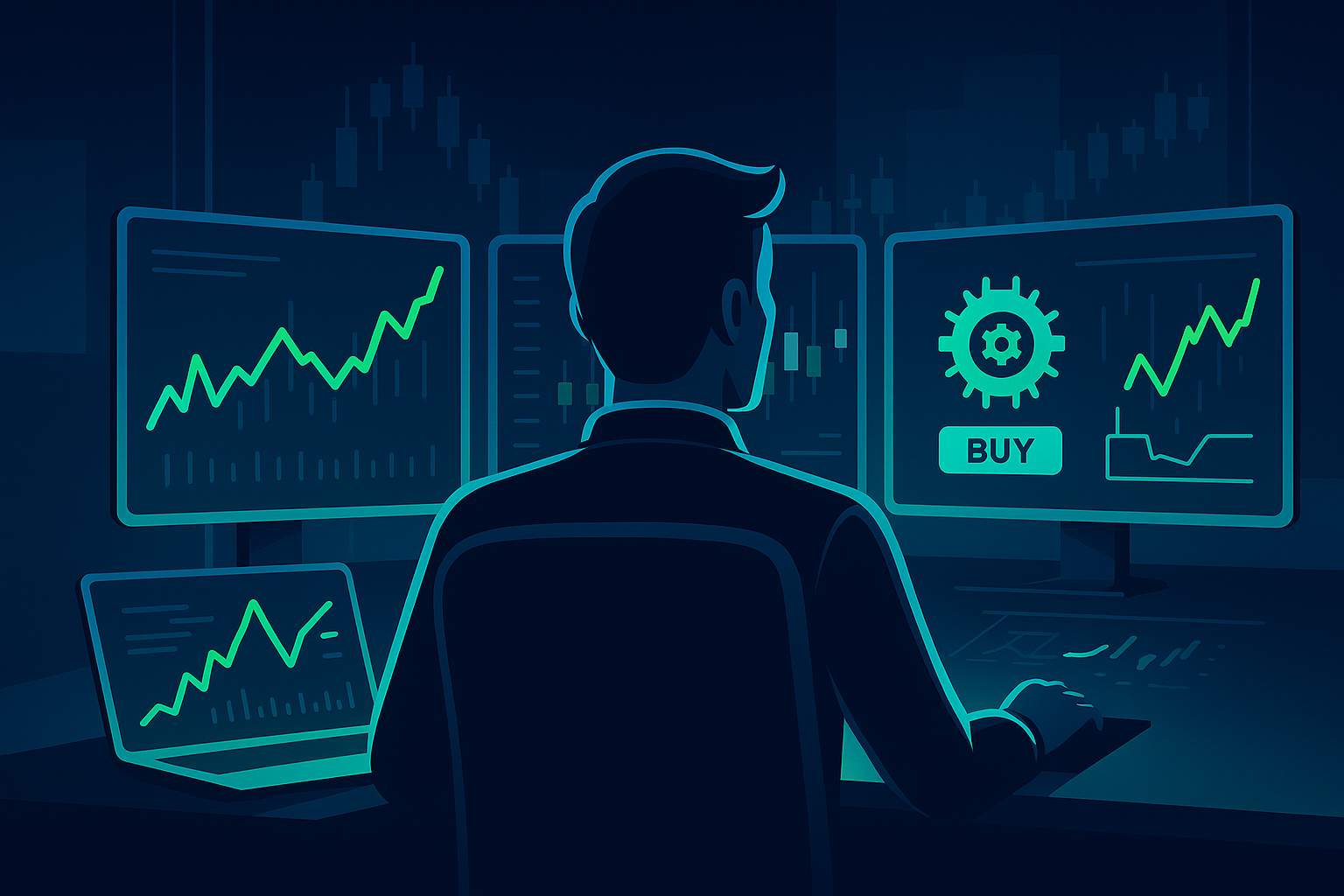 Professional trader in a dark office environment monitoring multiple neon-lit trading screens with advanced automated trading platform interfaces.