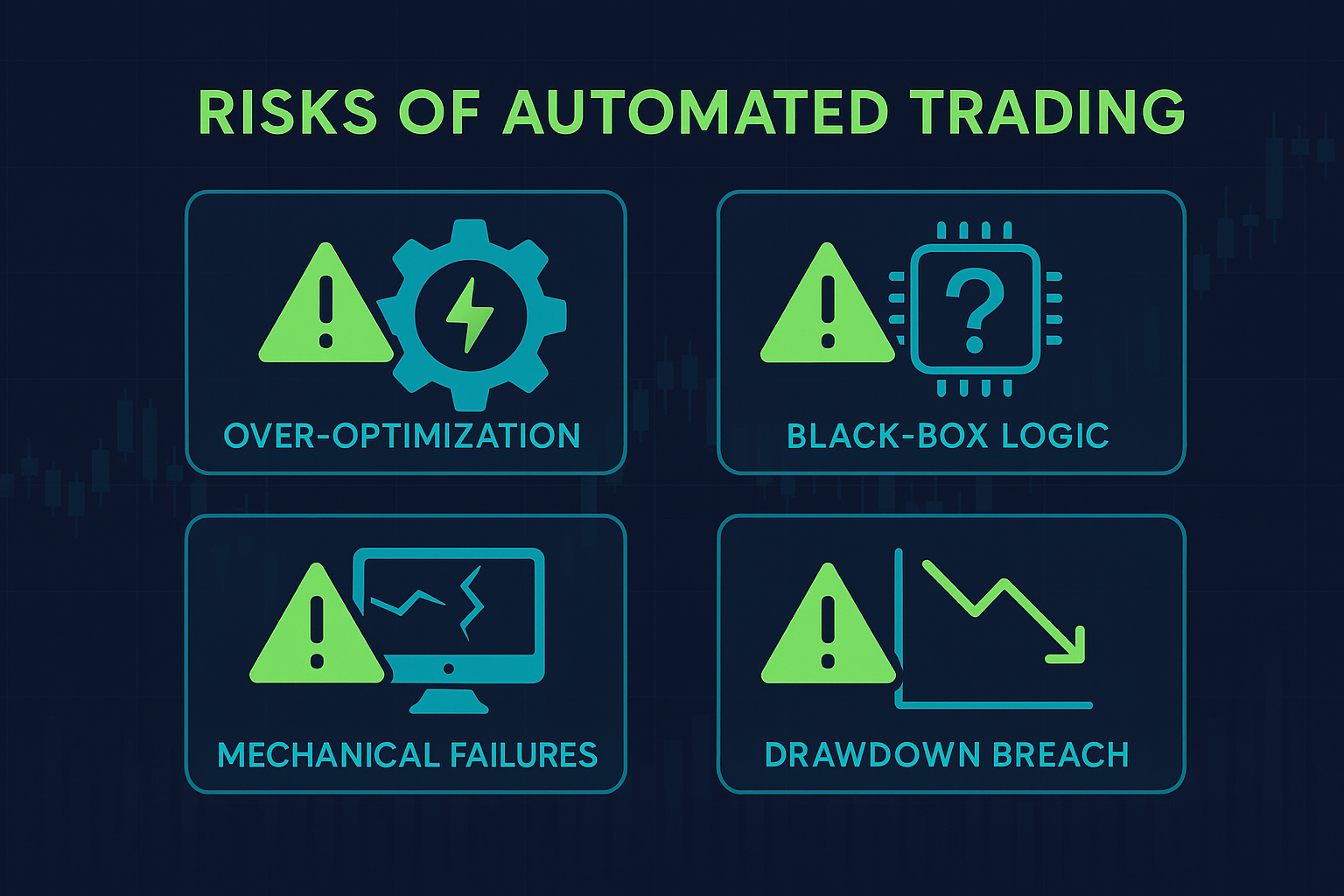 Infographic illustrating risks of automated trading systems including over-optimisation, black-box logic, mechanical failures, and drawdown breach with warning icons.