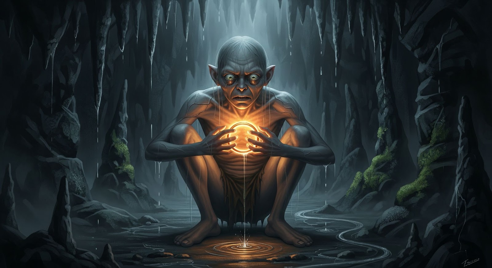 Gollum clutching a glowing ring in a dark cave