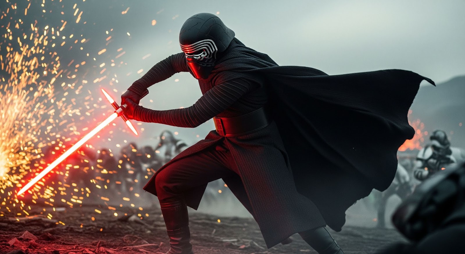 Kylo Ren swinging his cross guard lightsaber in a fiery battlefield