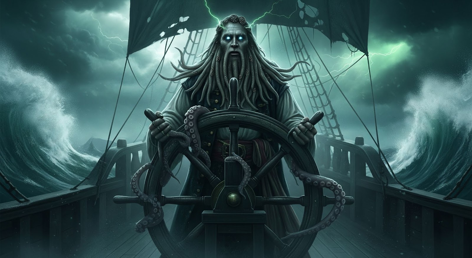 Davy Jones at the helm of the Flying Dutchman in a storm