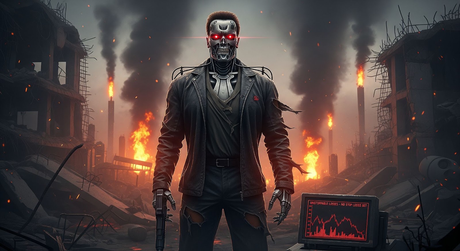 Terminator with glowing red eyes standing in fire and wreckage