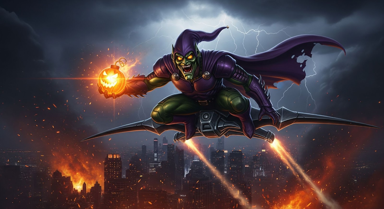 Green Goblin on his glider, holding a glowing bomb, flying through fire and smoke