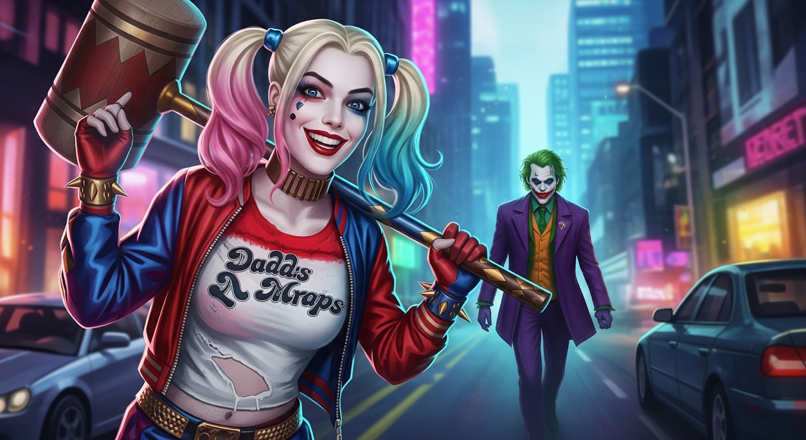 Harley Quinn holding her mallet, looking toward Joker in the distance