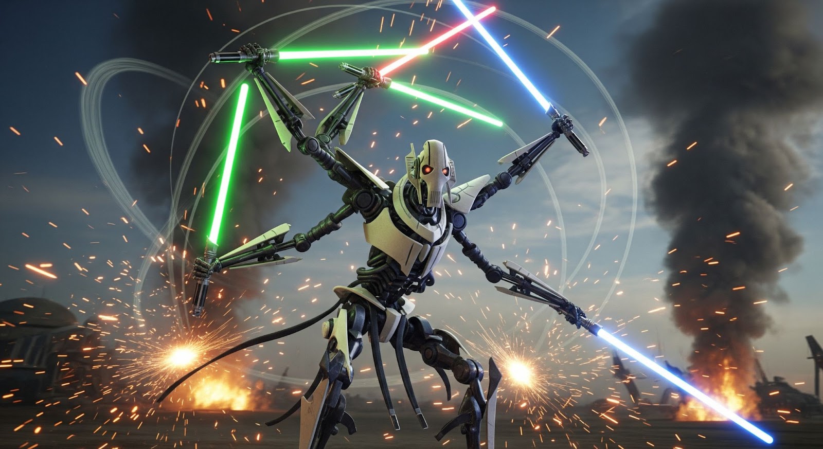 General Grievous spinning multiple lightsabers in a smoky battle scene