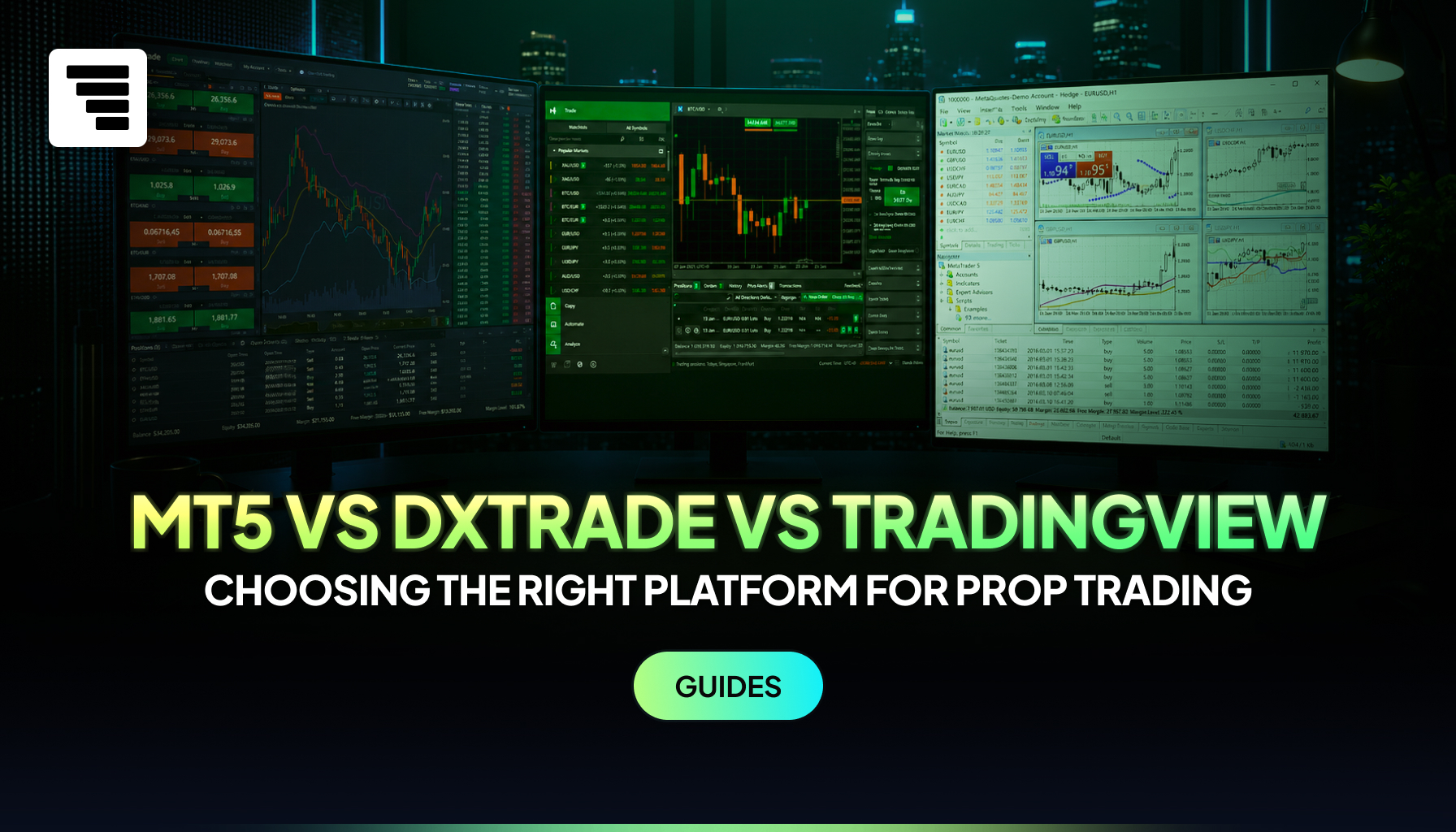 Cinematic trading desk setup with three abstract trading platform screens side by side 